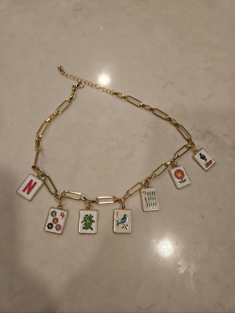 Mahjong Tile Necklace Layered Gold Paperclip Chain Pendant Charm 15-17"